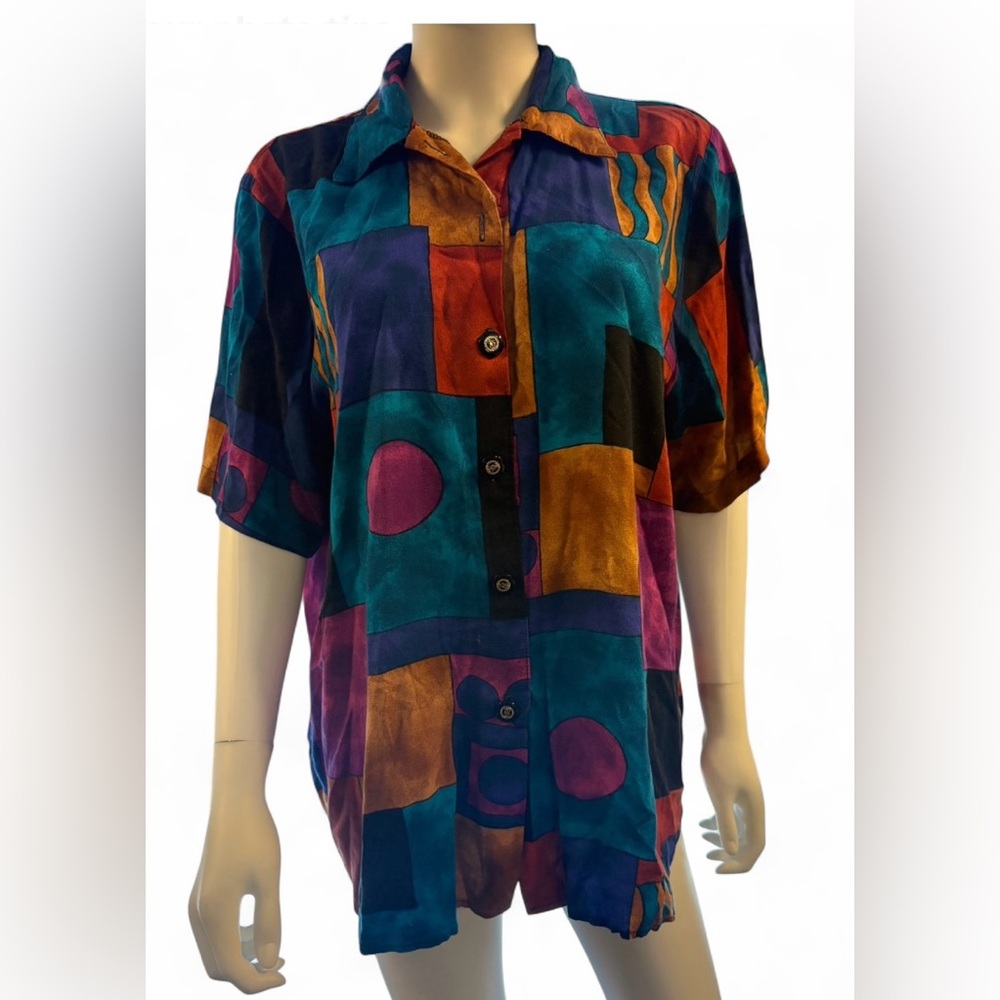 Vintage 1980s Kathie Lee Abstract Geometric Button Up Short Sleeve Shirt